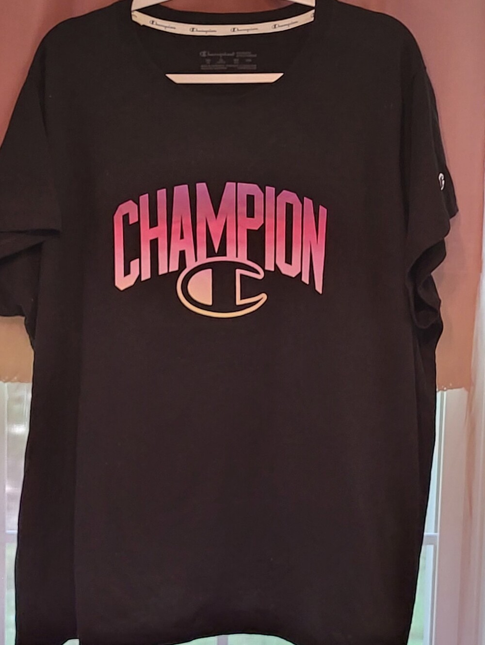 4xl Champion Black Tee with Pink Gradient Logo